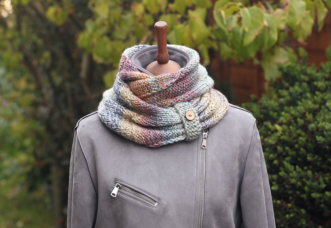 SCARF, knitted infinity loop scarf, chunky blue, cream, orange womens snood