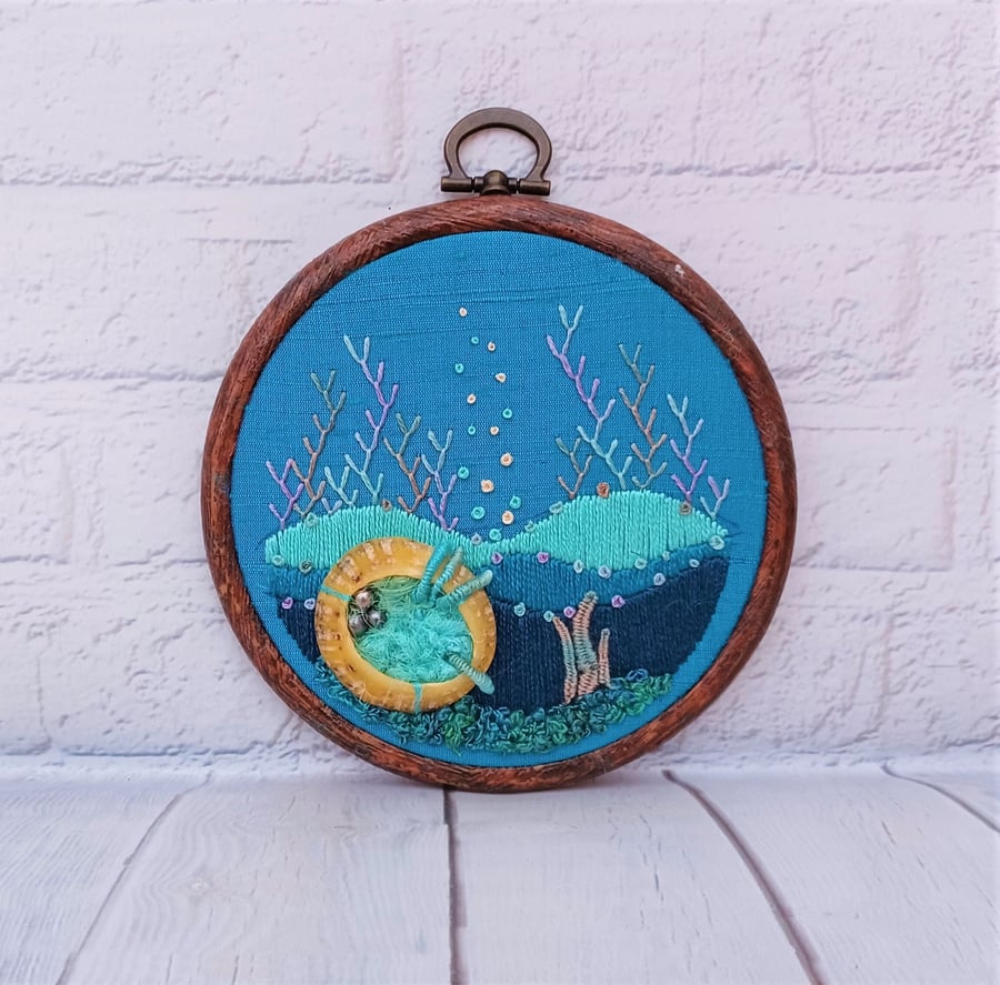 Seascape Hand Embroidery Hoop, Shell Embroidery Wall Art, 3D Embroidery Ocean Gi