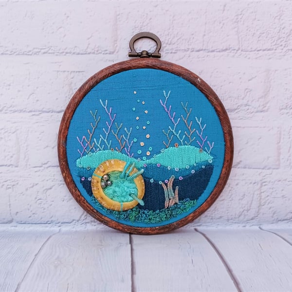 Seascape Hand Embroidery Hoop, Shell Embroidery Wall Art, 3D Embroidery Ocean Gi