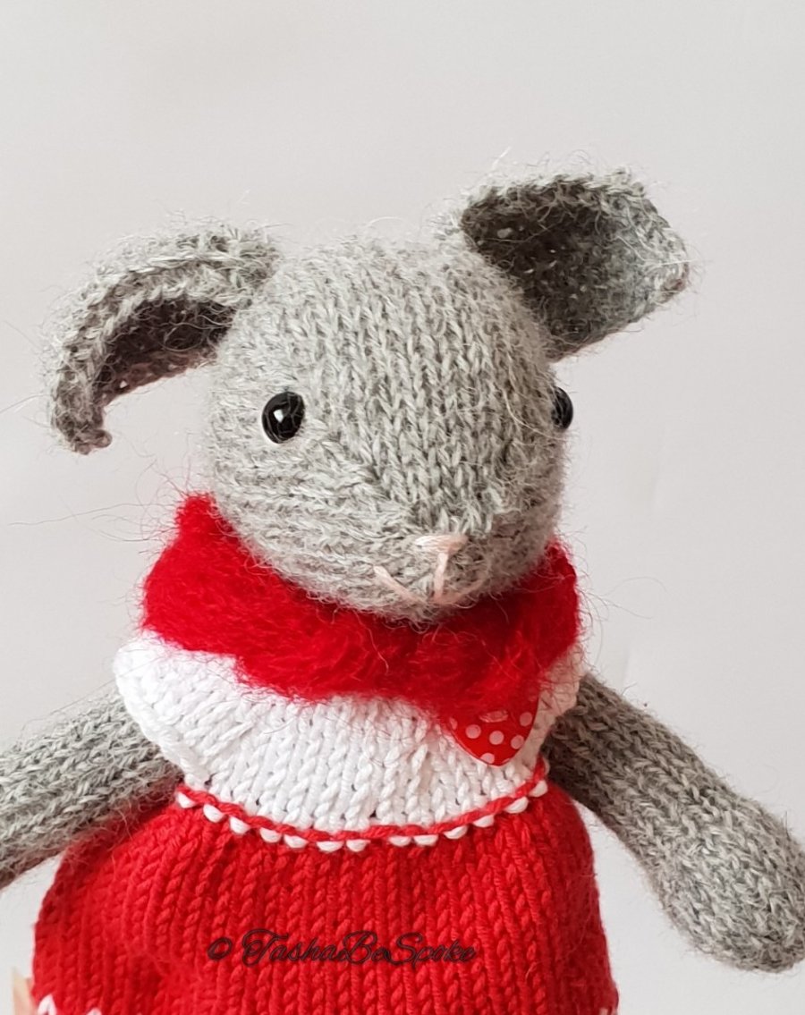 Nursery room decor, Hand knitted mouse in a red dress