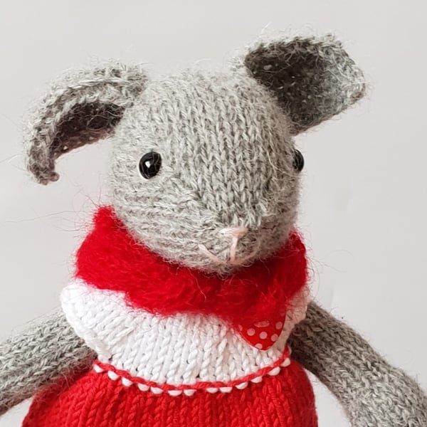 Nursery room decor, Hand knitted mouse in a red dress