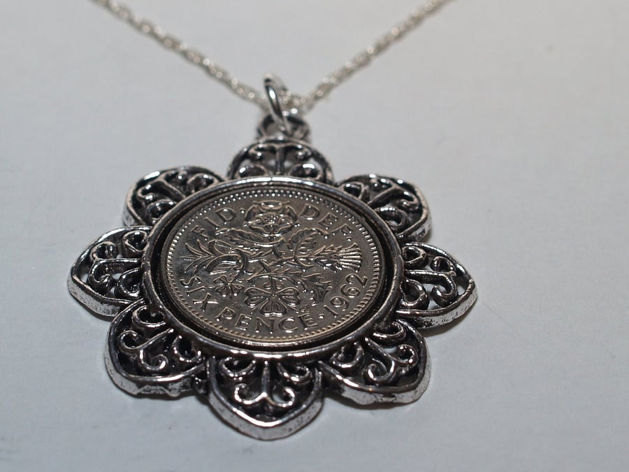 Floral Pendant 1963 Lucky sixpence 58th Birthday plus a Sterling Silver 18in Cha