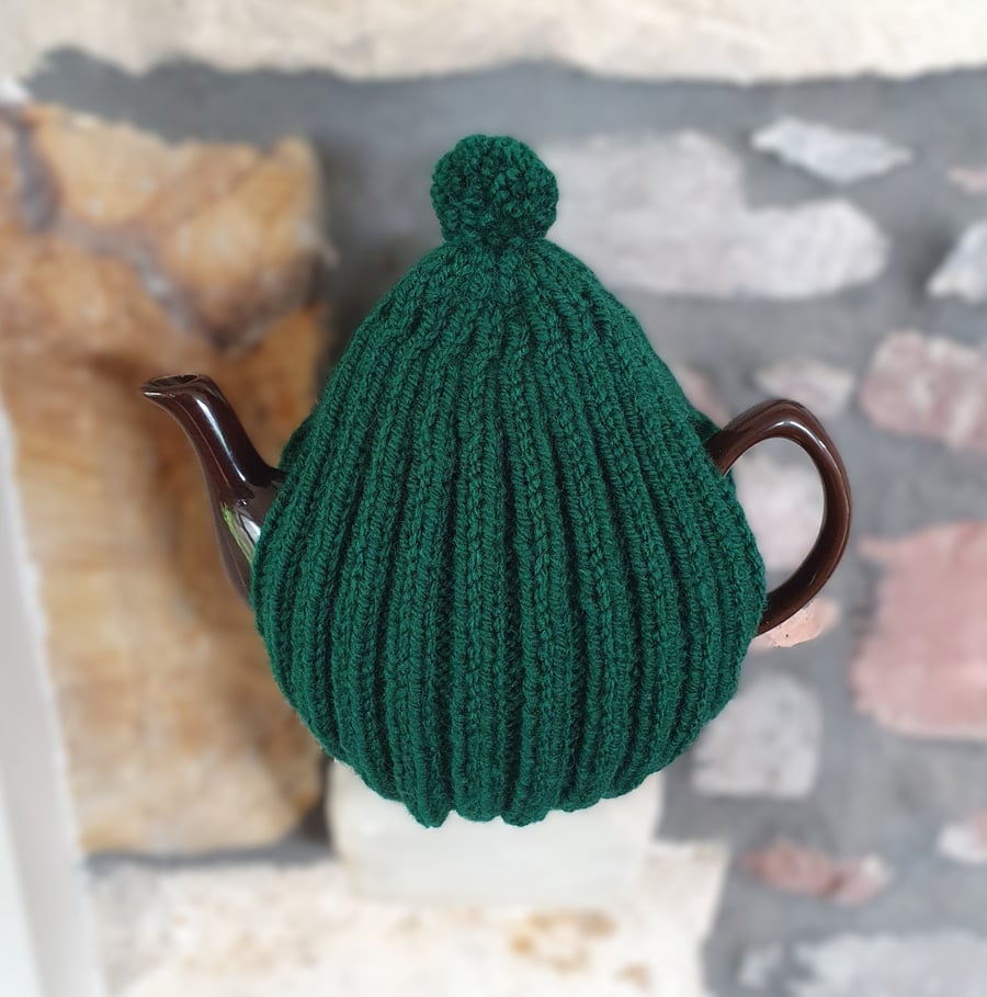 Large Tea Cosy, Brown Betty Compatible, Hand Knitted, Bottle Green