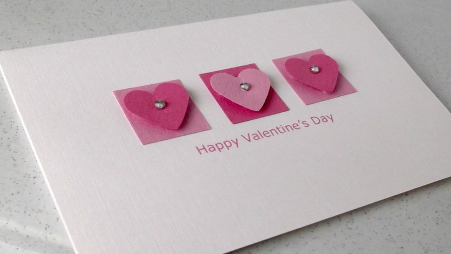 Seconds Sunday - Simple handmade Valentine card with three pink hearts