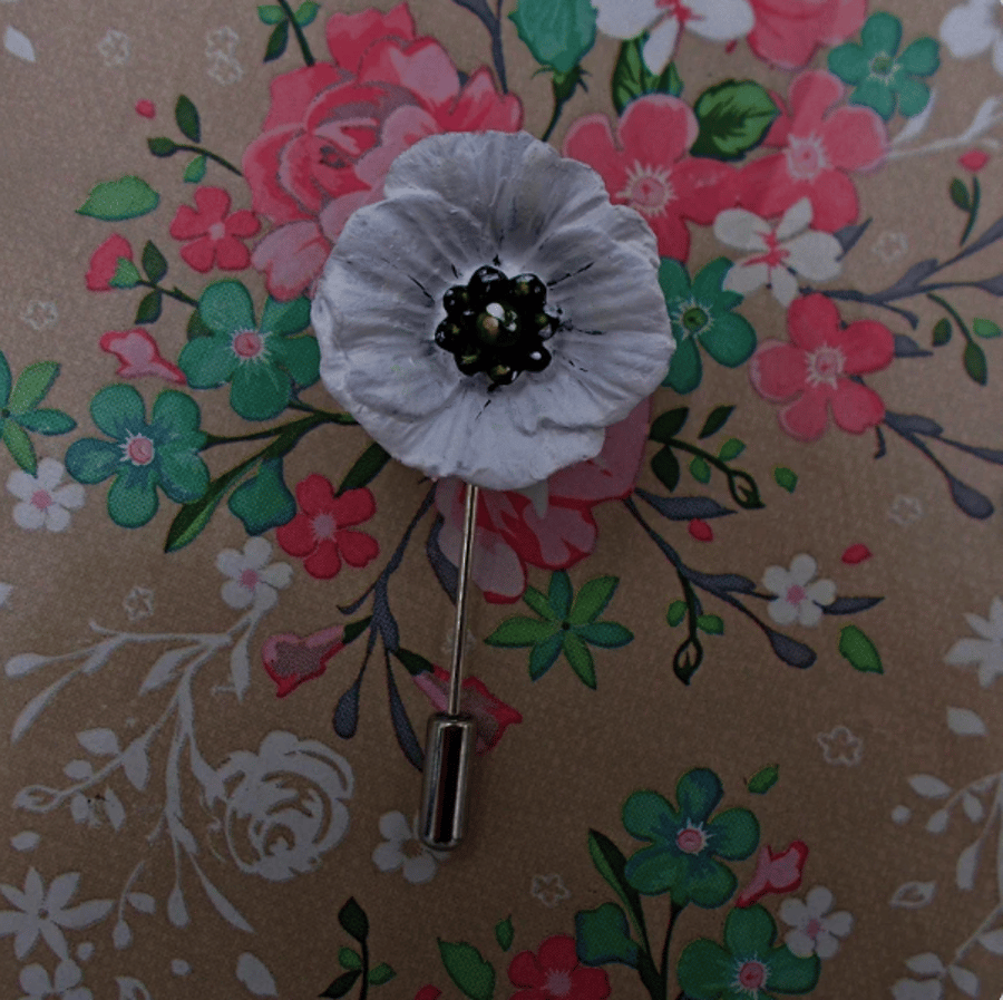 WHITE PEACE POPPY PIN Floral Wedding Remembrance Lapel Flower HAND PAINTED