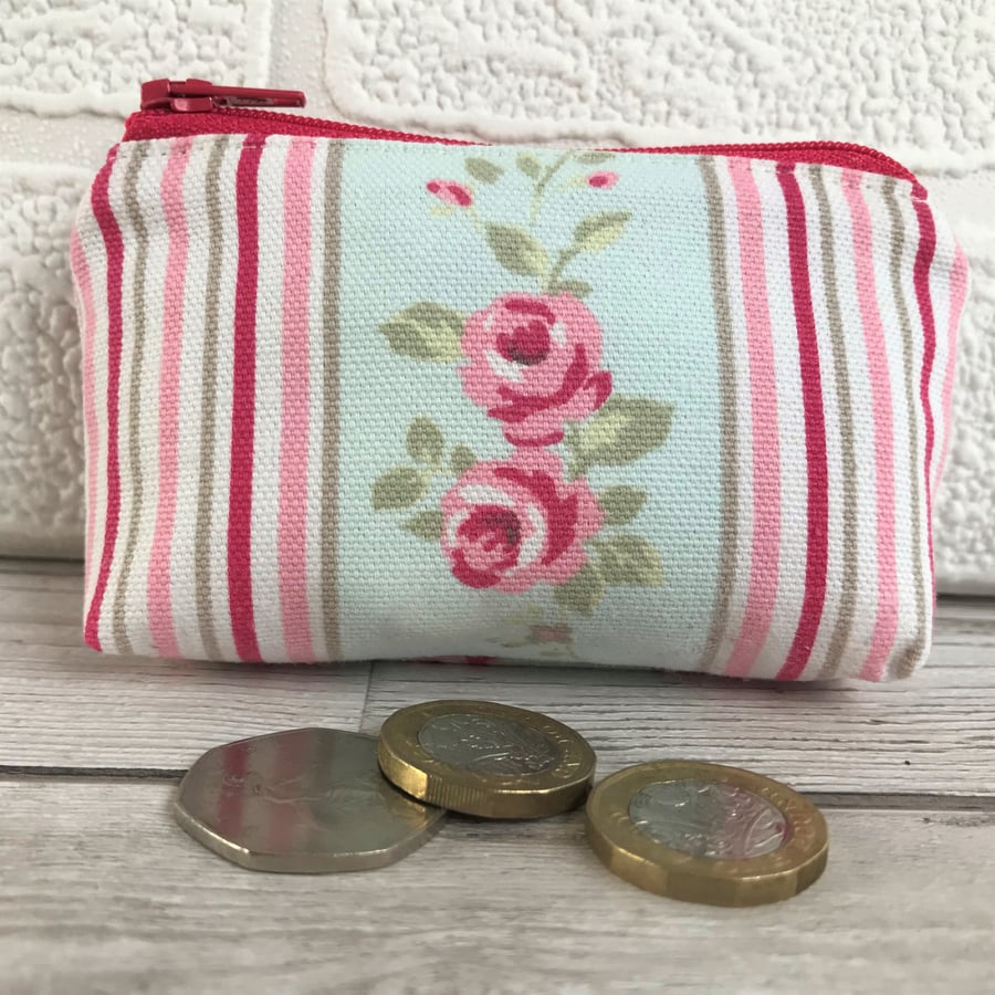 Small purse, coin purse with Roses and stripes pattern in pastel shades