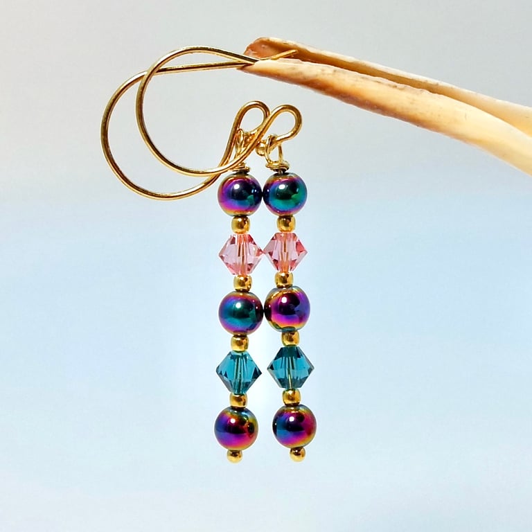Rainbow Hematite & Crystal Earrings, Birthday, Anniversary, Sparkly Gift For Her