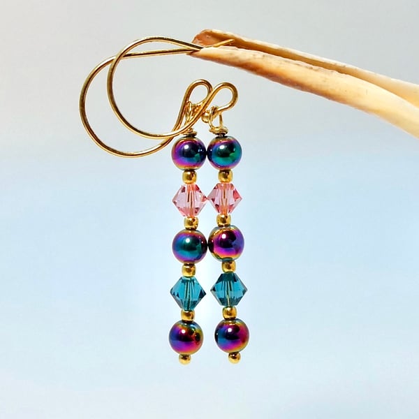 Rainbow Hematite & Crystal Earrings, Birthday, Anniversary, Sparkly Gift For Her