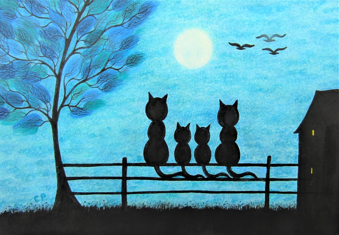 Four Cats Art Print, Blue Tree Full Moon, Small Silhouette Picture, Two Kittens 