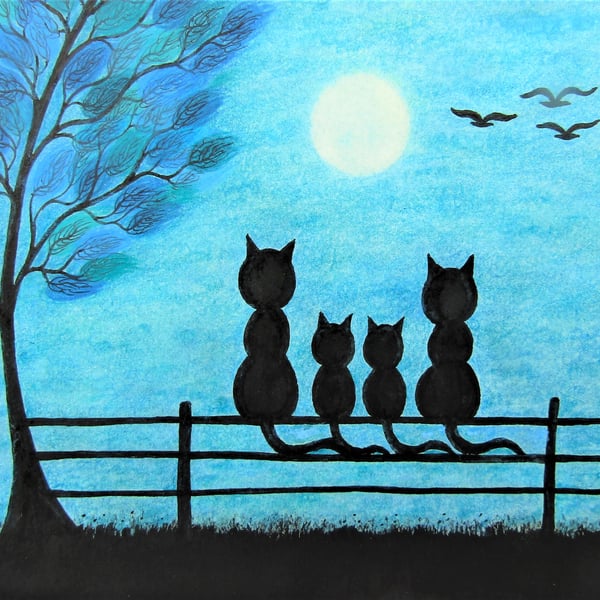 Cat Print, Four Black Cats Tree Moon, Small Picture, Fathers Day Art Gift, Kids 
