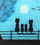 Four Cats Two Kittens Art Print, Tree Moon, Mothers Day Gift, Small Cat Picture - Image 1