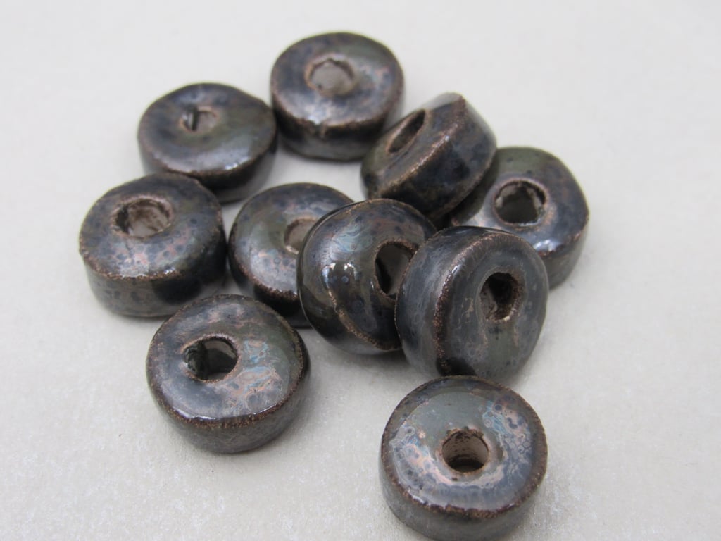 10 Small Obsidian Glazed Ceramic Washer Beads
