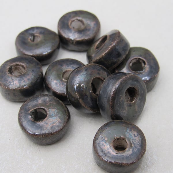 10 Small Obsidian Glazed Ceramic Washer Beads