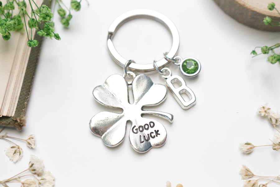Good Luck Personalised Keyring - Four Leaf Clover Gift. Leaving Gift. New Job.