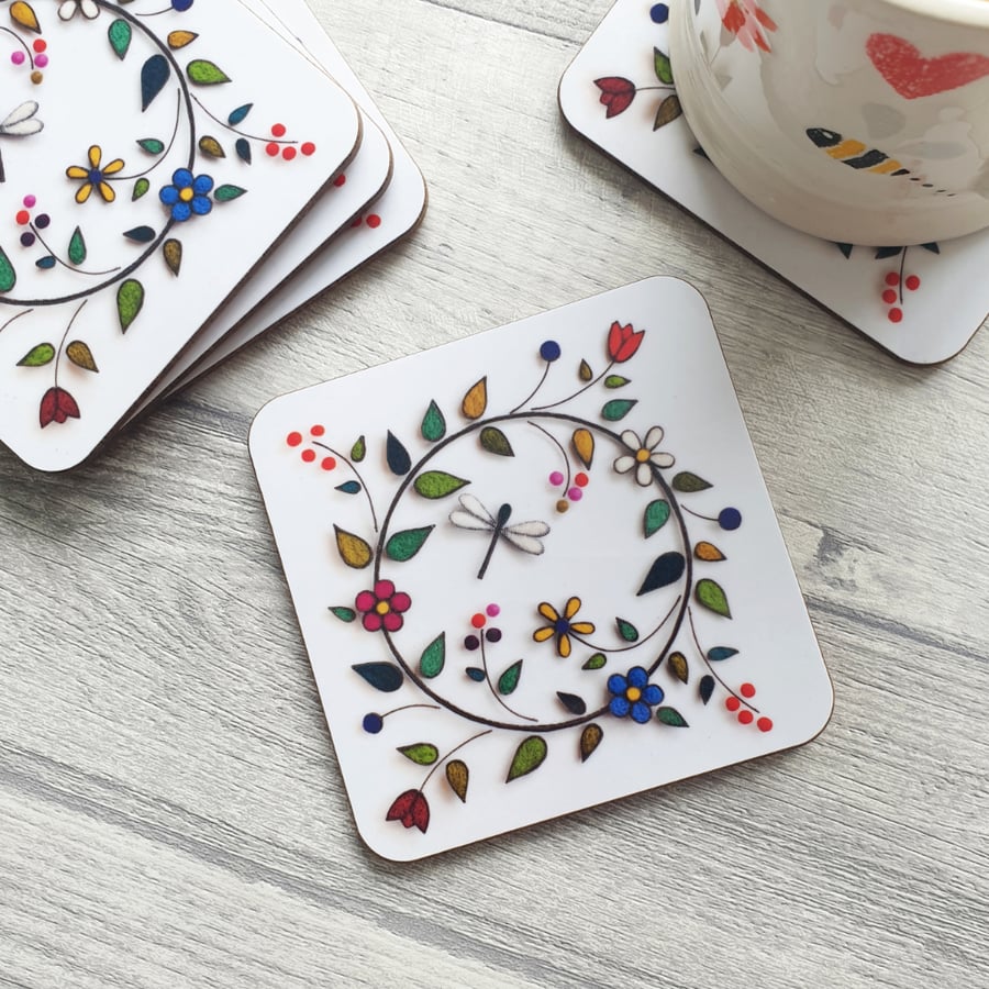 Dragonfly and Hedgerow Melamine Coasters