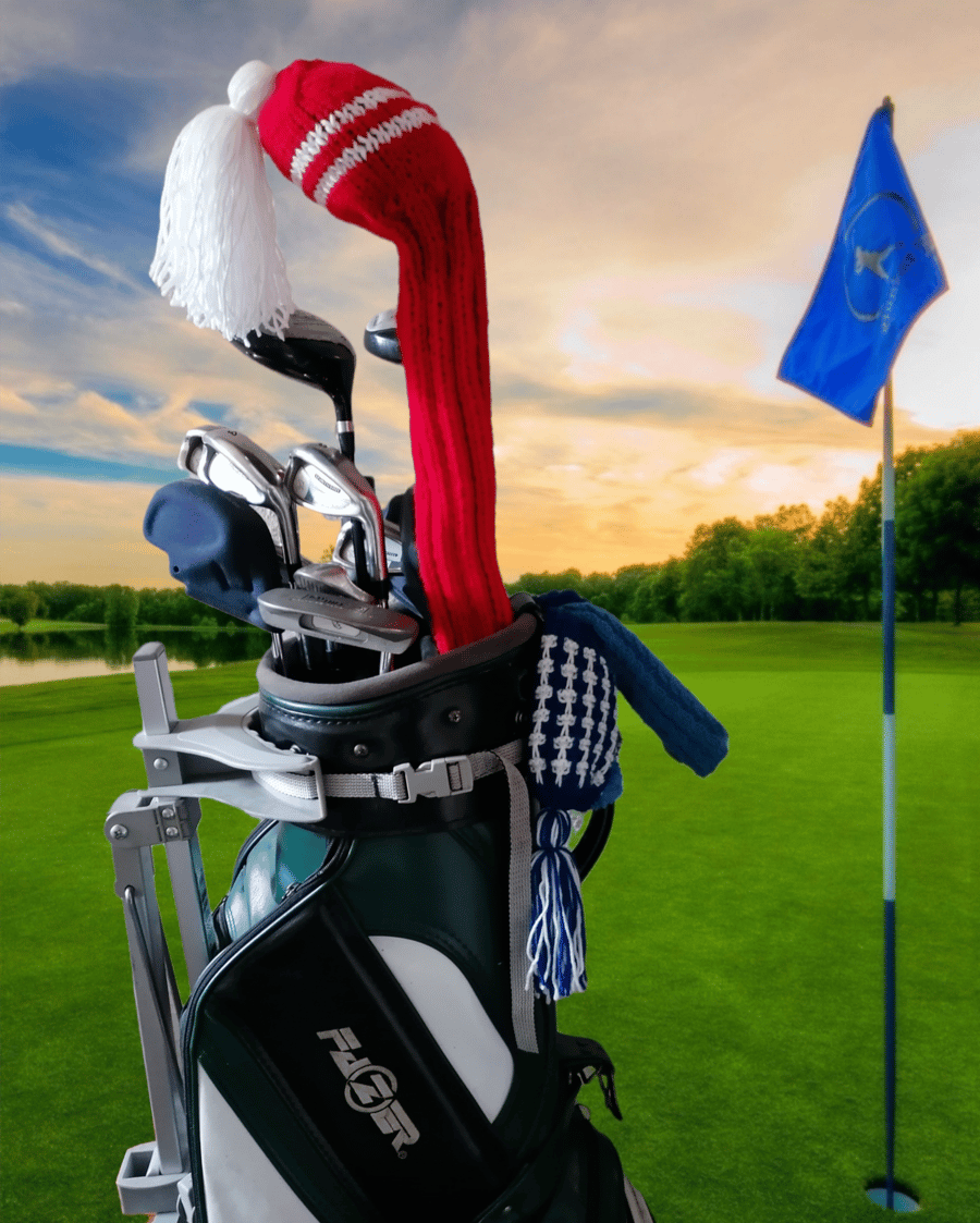 Red knitted driver golf headcover with white head stripes  