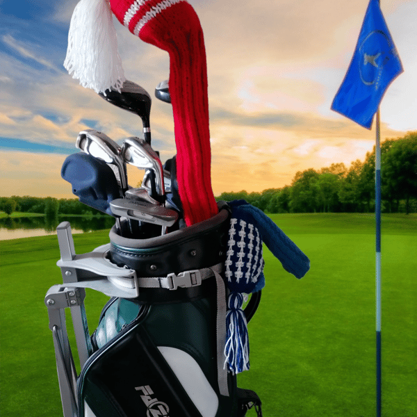 Red knitted driver golf headcover with white head stripes  