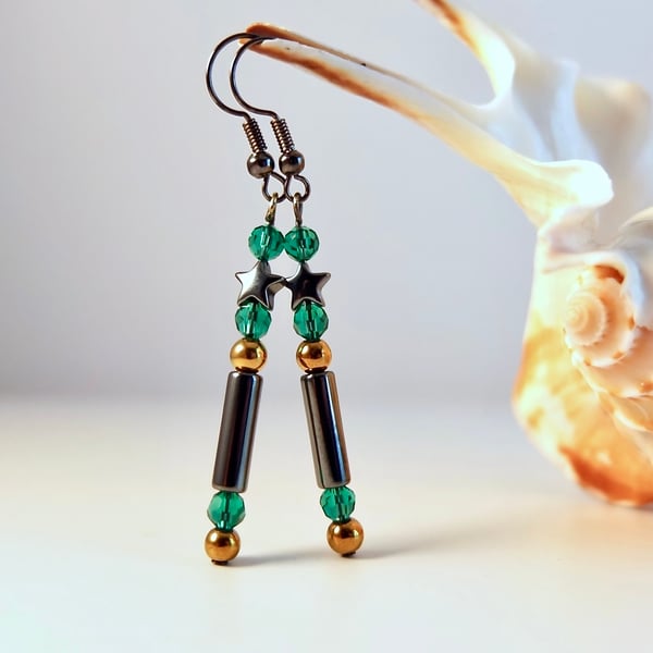 Hematite And Emerald Green Glass Earrings - Handmade In Devon