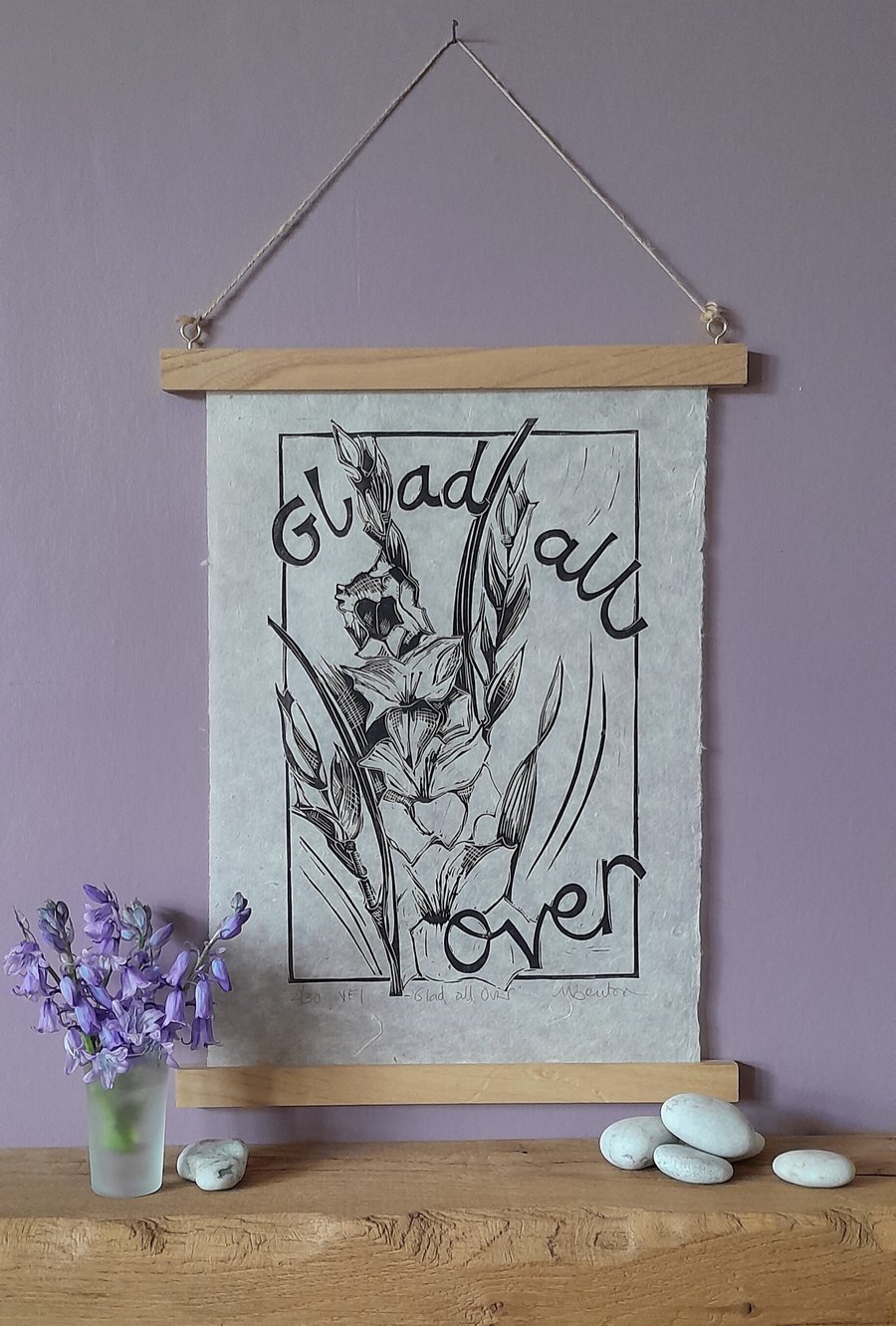 'Glad all Over', Lino Print in Black on Lokta Paper (VE1)