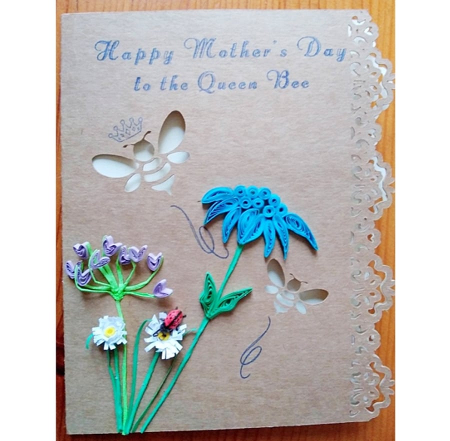 Bee Quilled Mother's Day card, personalised.