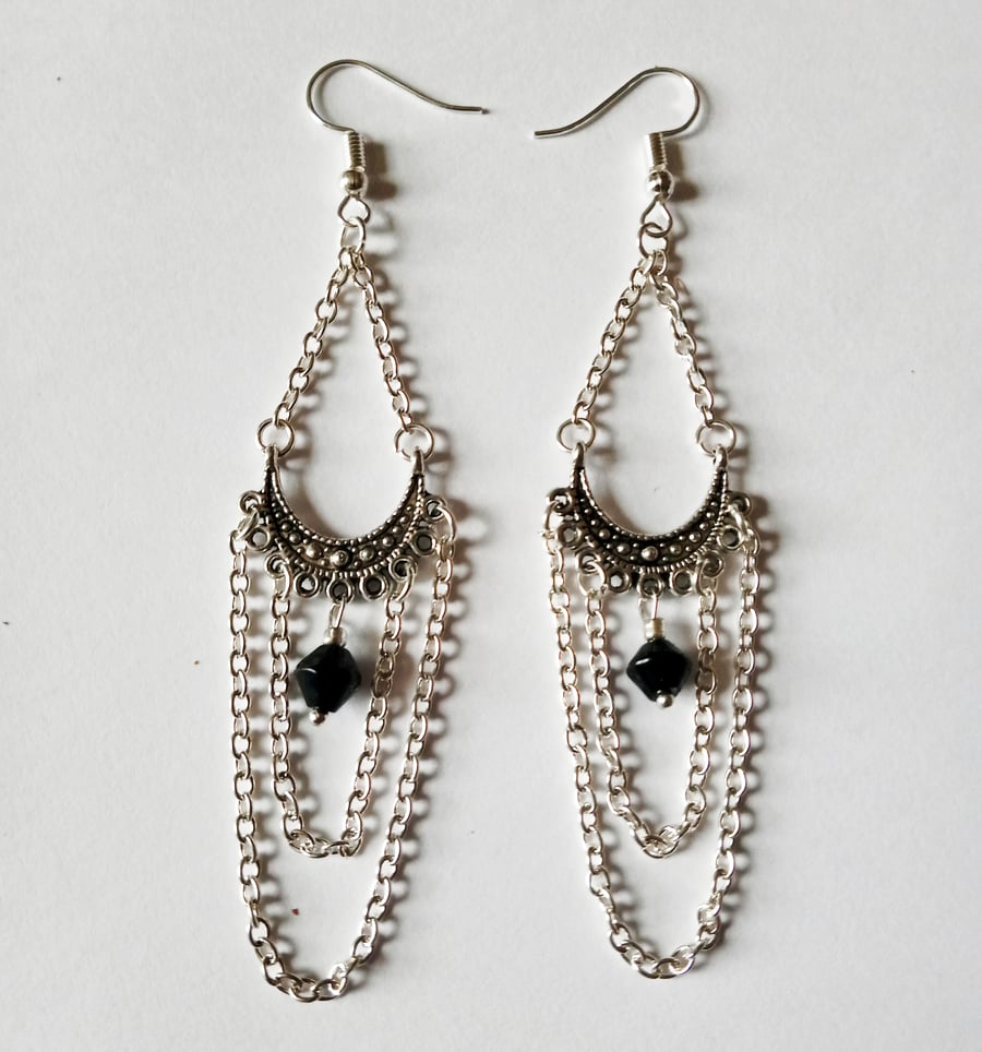 Black Crystal Gothic Chandelier Earrings Silver Plate