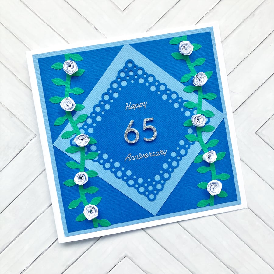 Blue Sapphire 65th Anniversary card - quilled roses