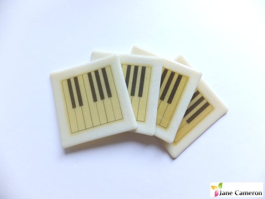 Set of 4 Piano Coasters, Cream Ivory fused glass, music