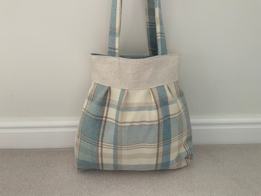 Beautiful Pleated Tote Bag, Linen, Blue Tartan, Handbag, Day Bag