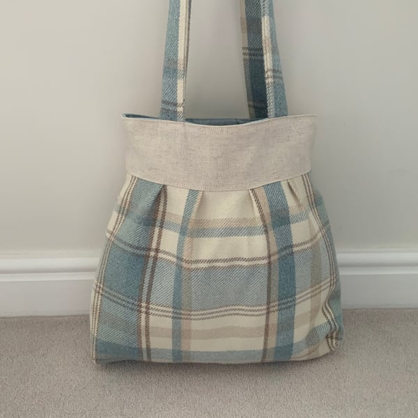 Beautiful Pleated Tote Bag, Linen, Blue Tartan, Handbag, Day Bag