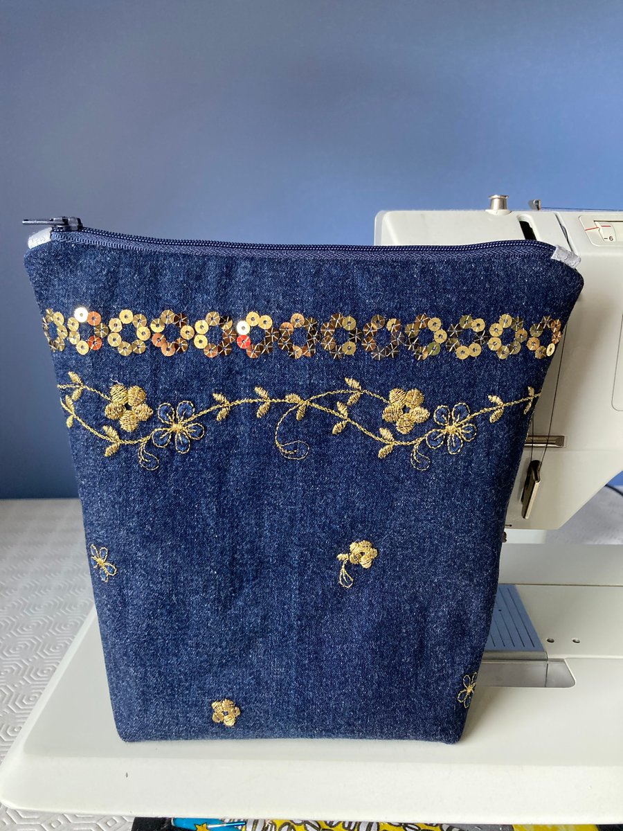 Blue denim and gold sequin zip up pouch