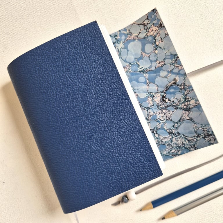 Dark Blue Leather Notebook or Journal, lined with a blue and grey marble paper