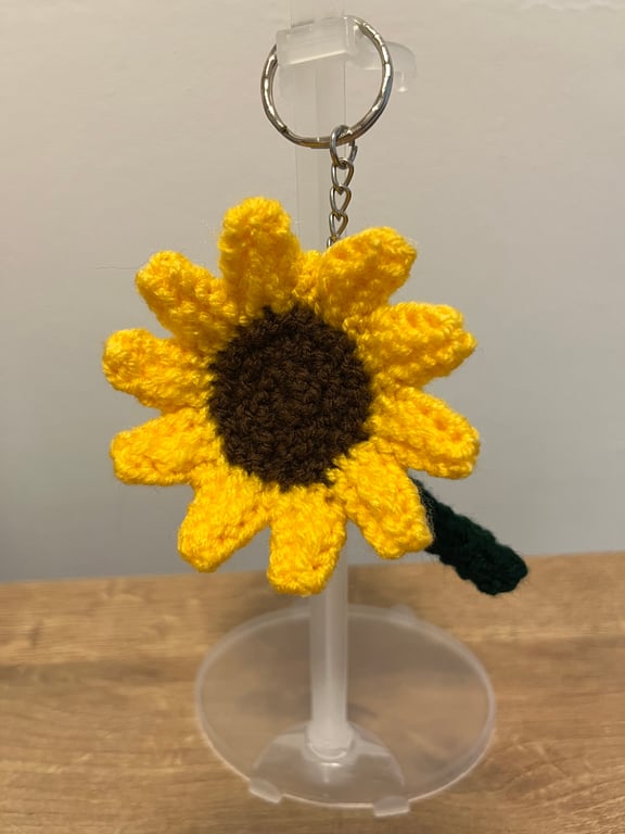 Sunflower knitted key ring.