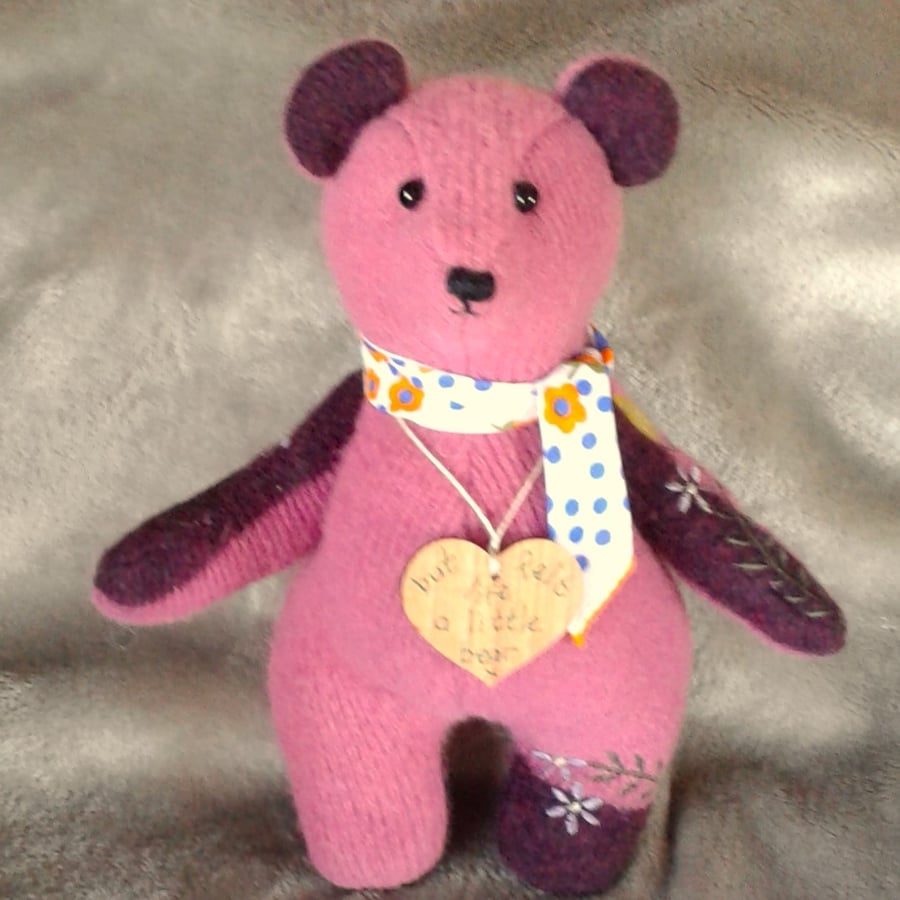 Teddy bear from repurposed pink flowery woolly jumper. Perfectly imperfect.