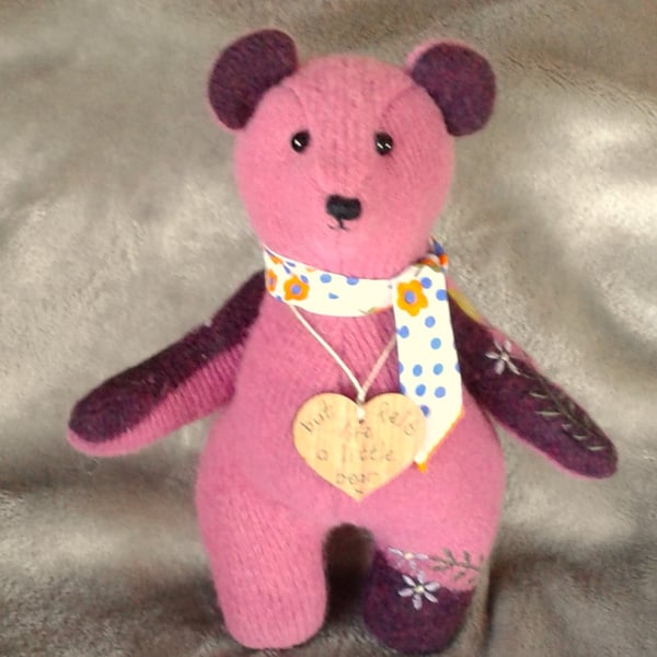 Teddy bear from repurposed pink flowery woolly jumper. Perfectly imperfect.