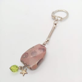 Brown Mottled Jasper Keyring with Star Charm and Green Bead, Teacher's Gift