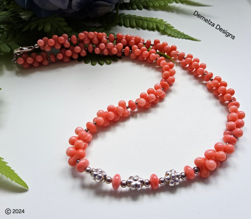 Designer Pretty Peach Coral  (Ethically sourced) Sterling Silver Necklace