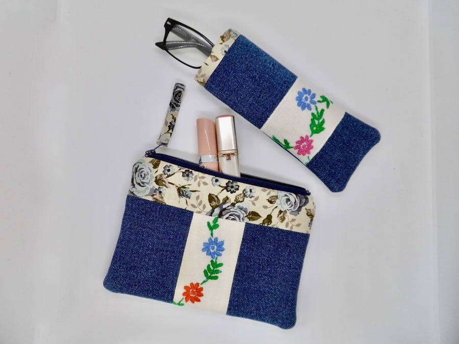 Glasses case and make up bag in denim with vintage embroidery.