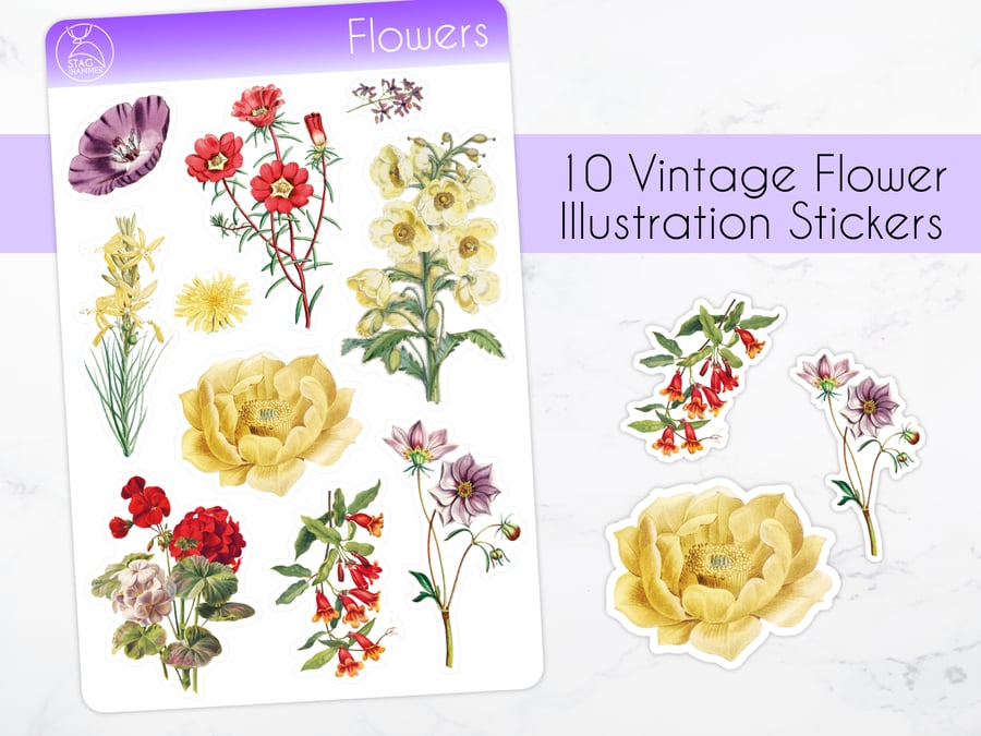 Vintage Flower Illustration Stickers for Journaling and Junk Journals