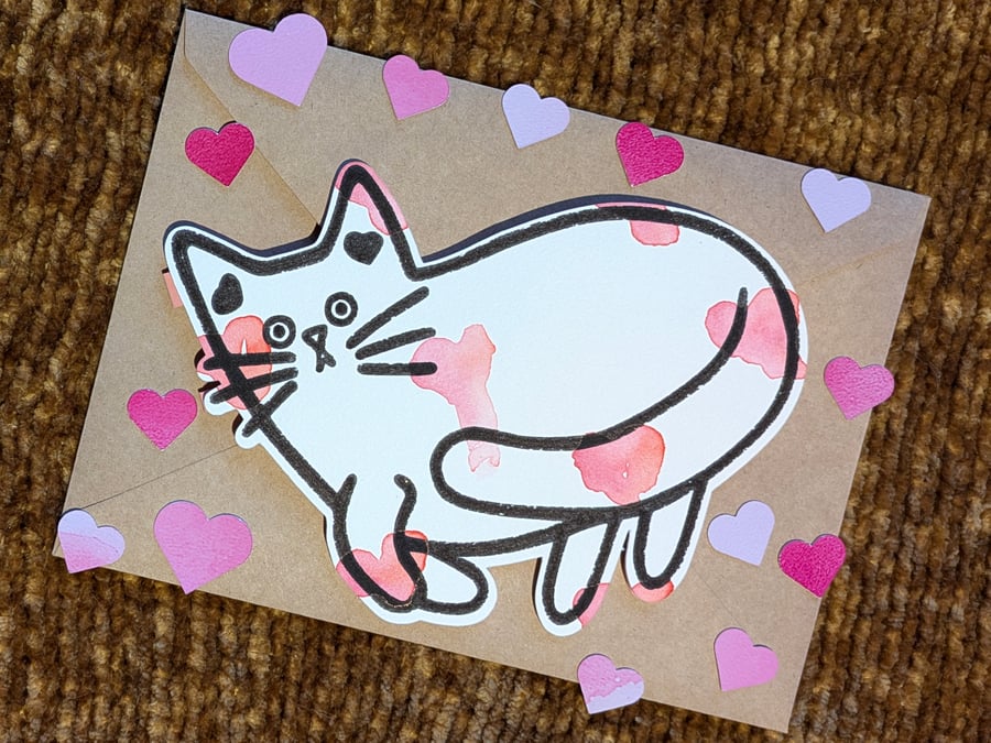 Cat card hand painted watercolour shaped greeting card love hearts 9