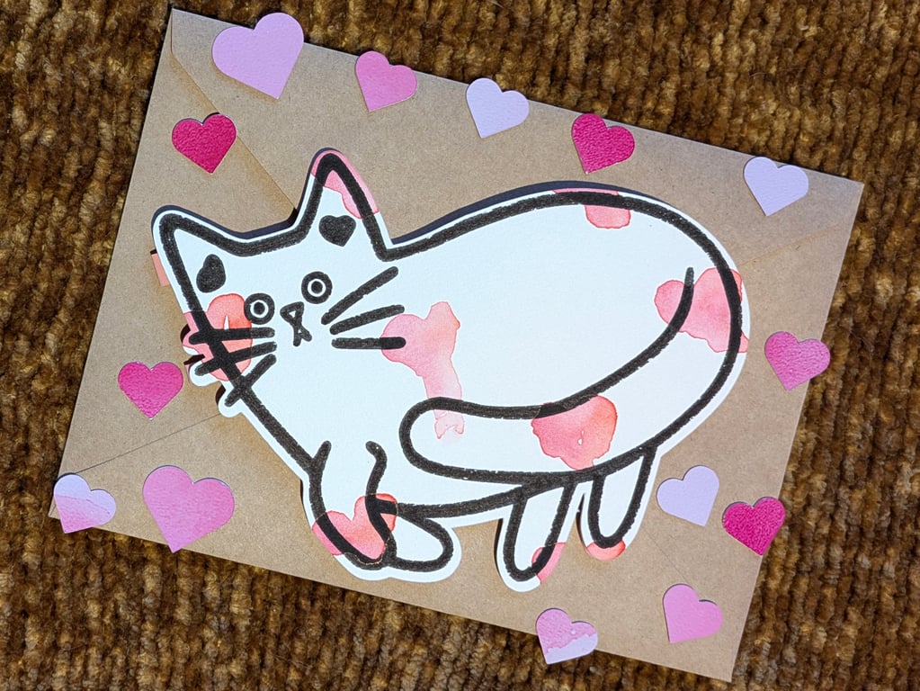 Cat card hand painted watercolour shaped greeting card love hearts 9
