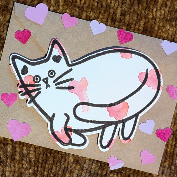 Cat card hand painted watercolour shaped greeting card love hearts 9