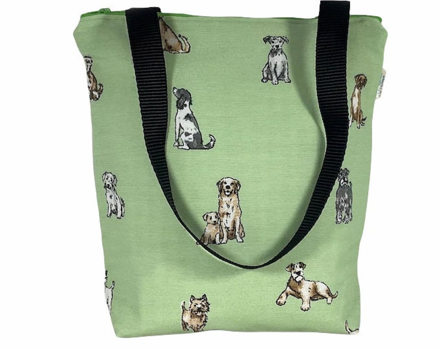 Dog print canvas tote bag with zip closure, pet lover small cotton book purse, b