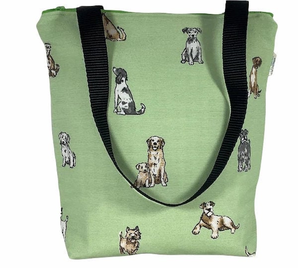Dog print canvas tote bag with zip closure, pet lover small cotton book purse, b