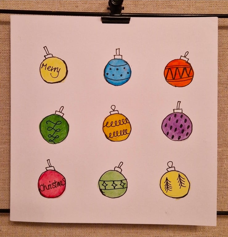 Christmas baubles Christmas card colourful watercolour handpainted
