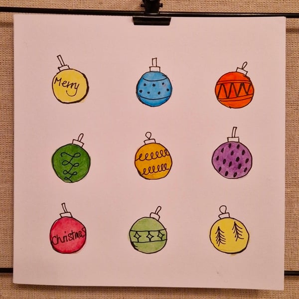 Christmas baubles Christmas card colourful watercolour handpainted