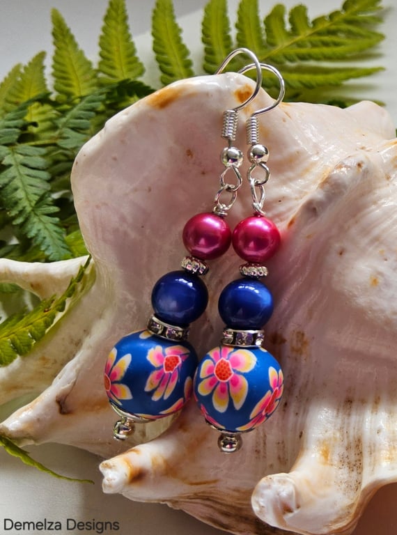 Floral Polymer Clay Beads & Shell Pearl Silver Plate Earrings