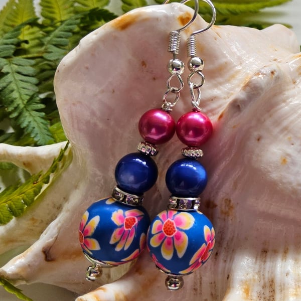Floral Polymer Clay Beads & Shell Pearl Silver Plate Earrings