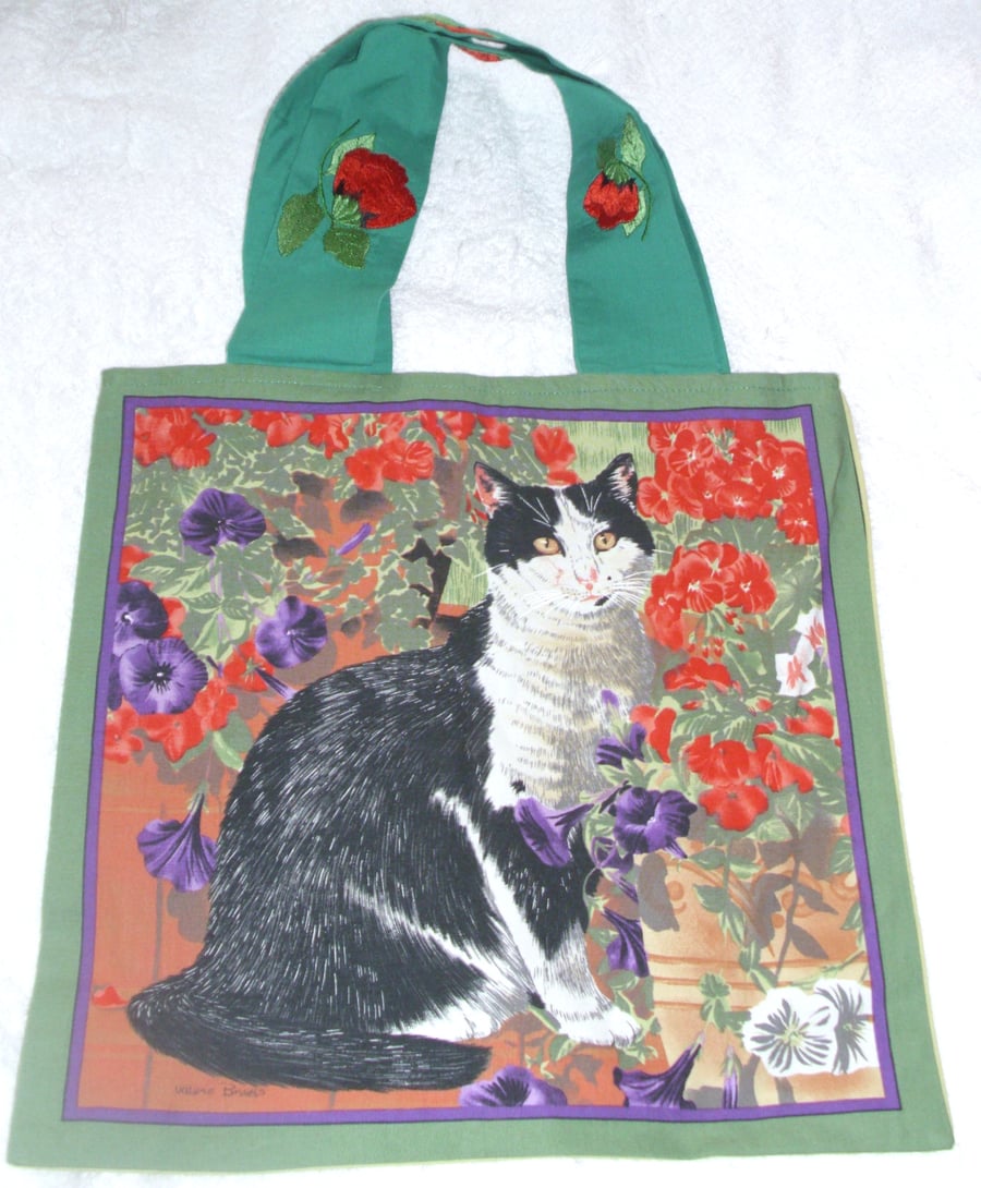 Black and White cat among flowers cloth shopping bag , Tote bag