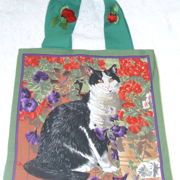 Black and White cat among flowers cloth shopping bag , Tote bag