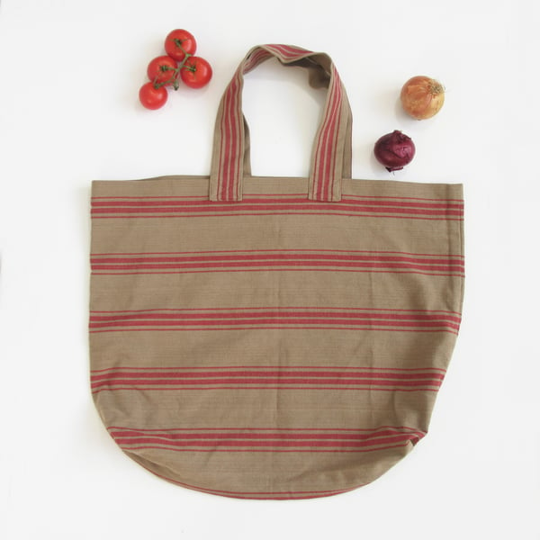 Huge Rustic Stripe Shopping Bag. Cotton Canvas Taupe & Red Stripe.